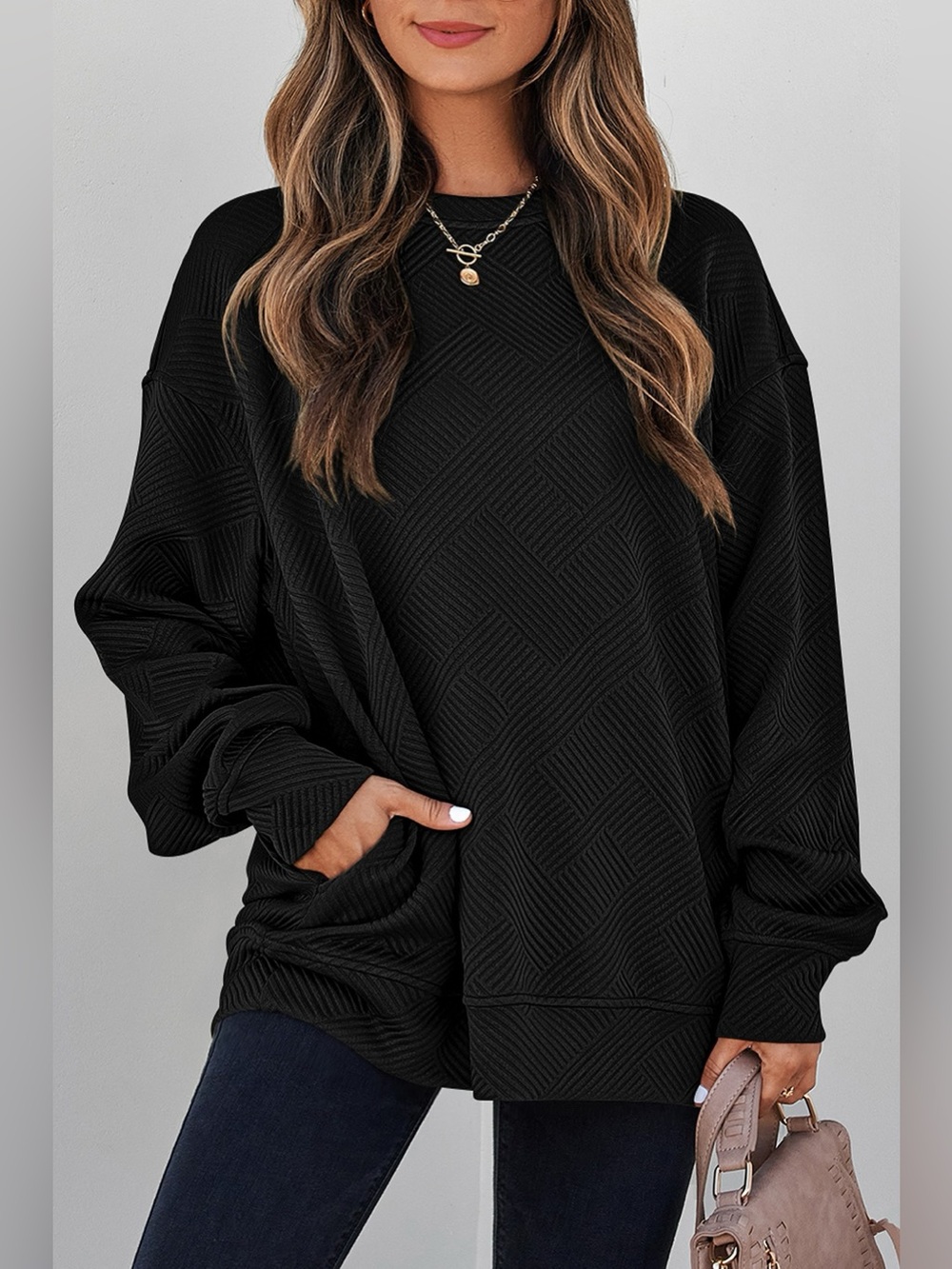 Solid Color Textured Round Neck Drop Shoulder Pullover Sweatshirt